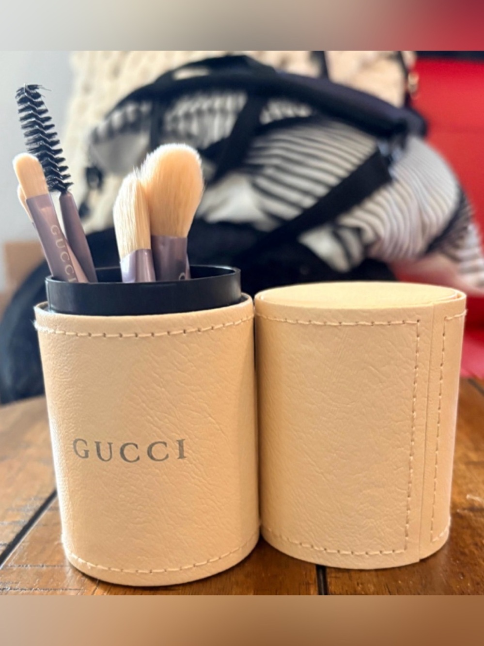 Cream Leather Travel Brush Holder  include Brushes
